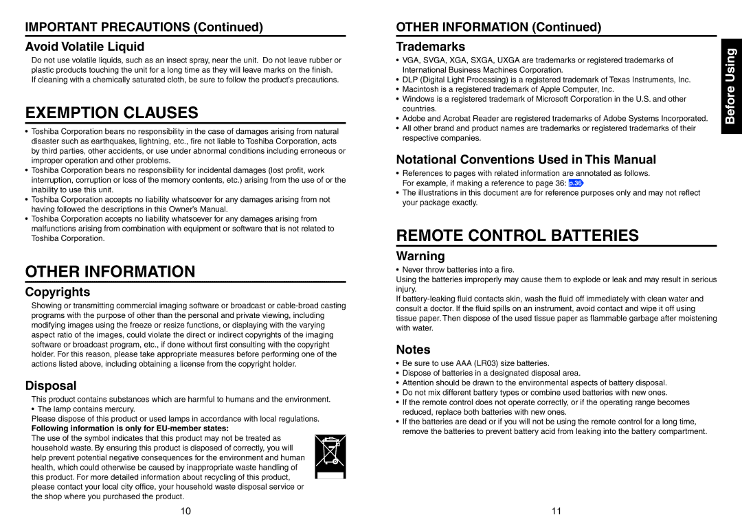 Toshiba TDP-T420 owner manual Exemption Clauses, Other Information, Remote Control Batteries 