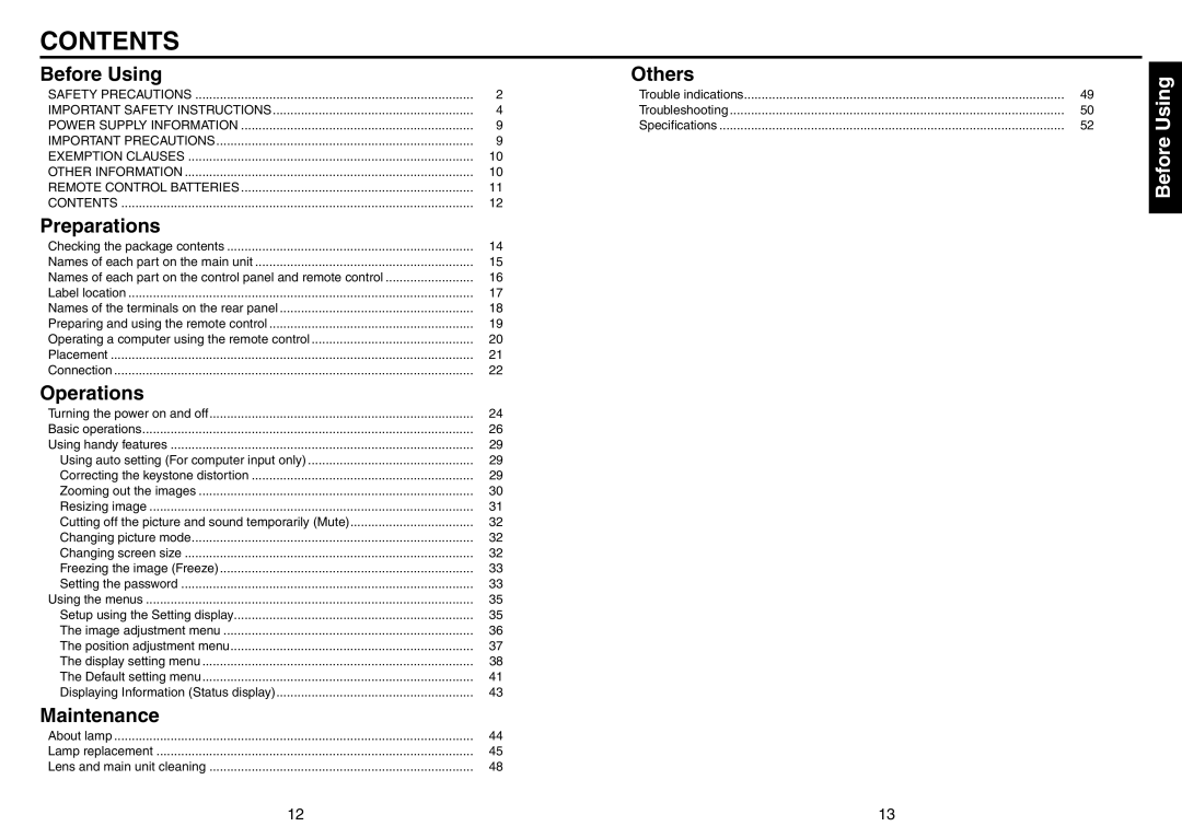 Toshiba TDP-T420 owner manual Contents 