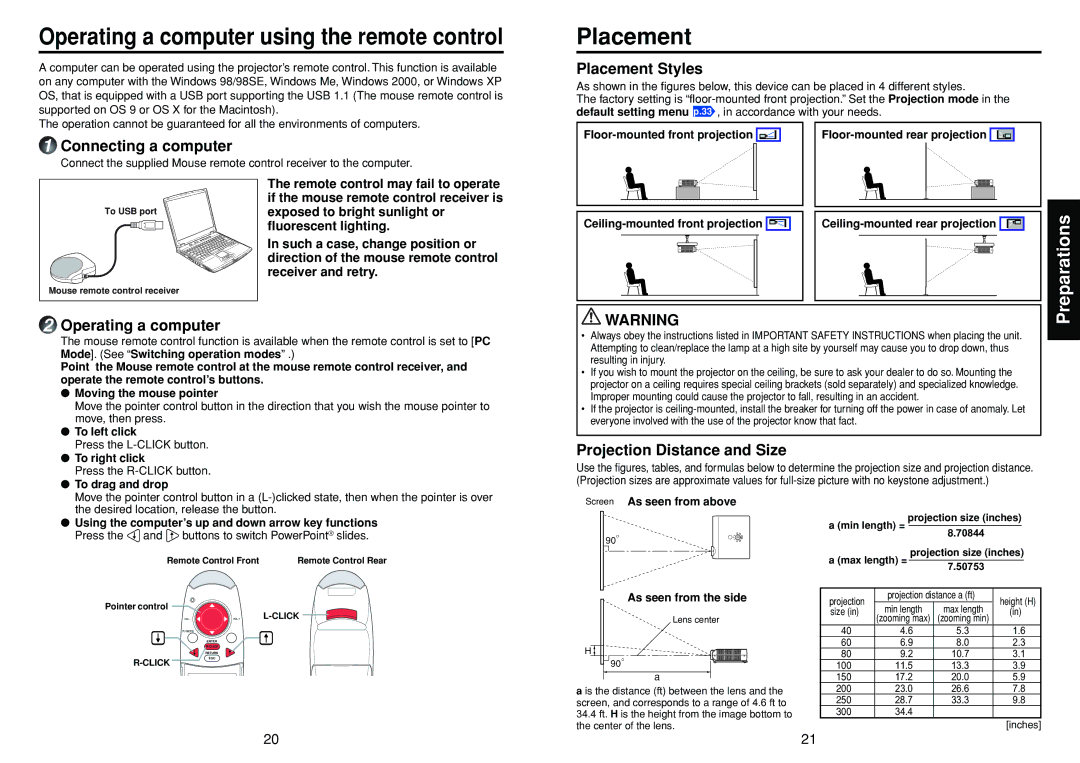 Toshiba TDP-T45 Connecting a computer, Placement Styles, Operating a computer, Projection Distance and Size 