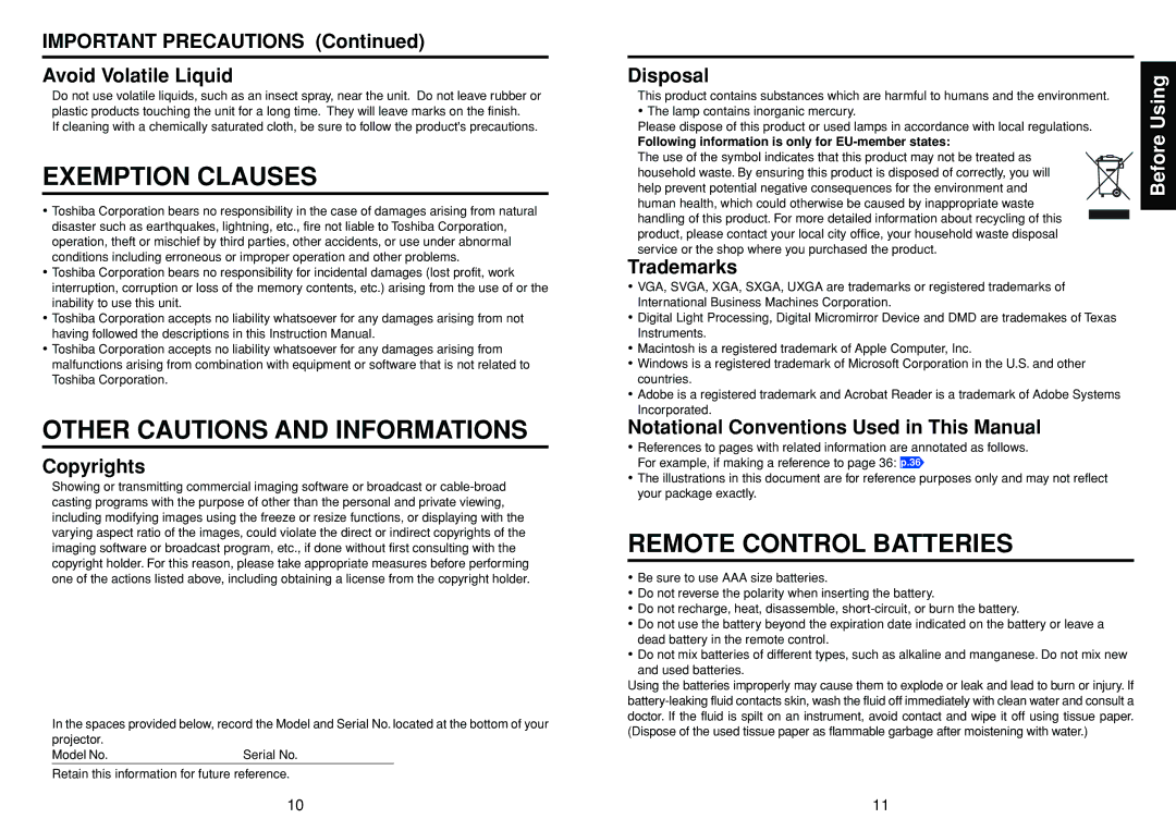 Toshiba TDP-T45 owner manual Exemption Clauses, Other Cautions and Informations, Remote Control Batteries, Using 