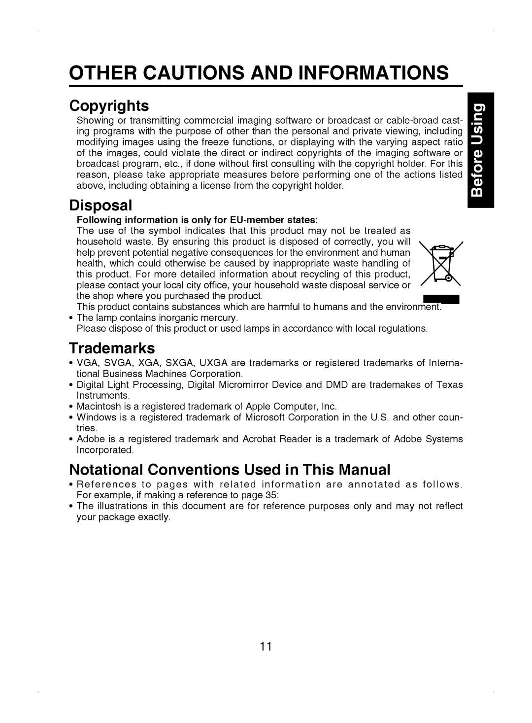 Toshiba TDP-T9 owner manual Other Cautions and Informations, Copyrights, Disposal, Trademarks 