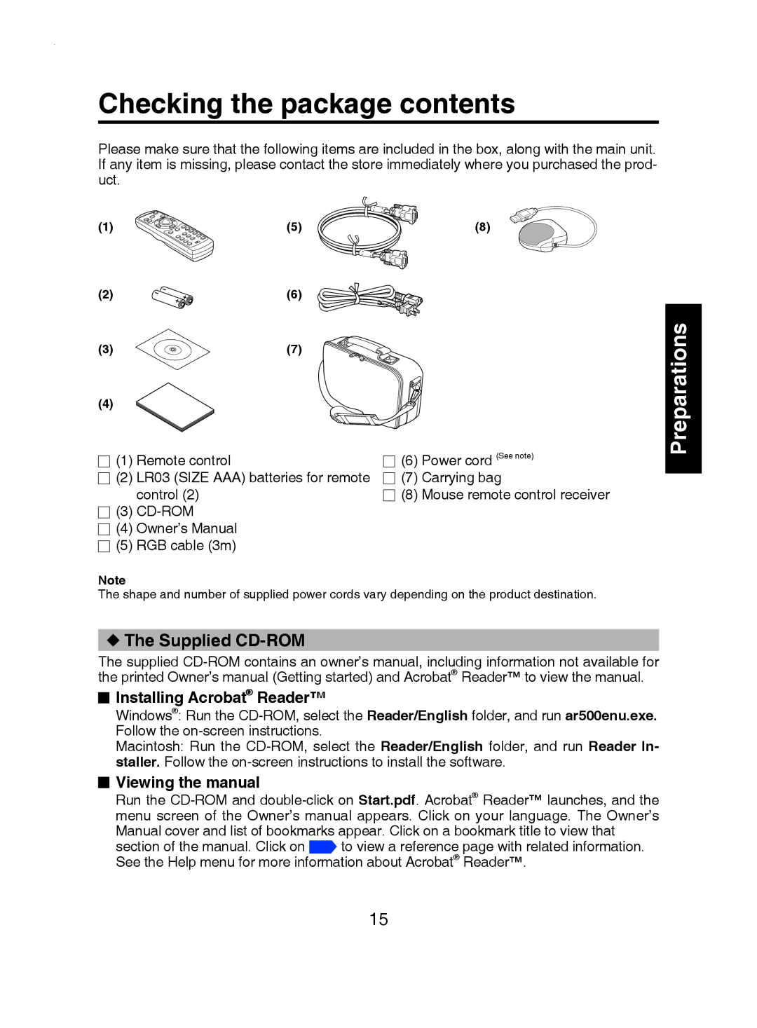 Toshiba TDP-T9 owner manual Checking the package contents 