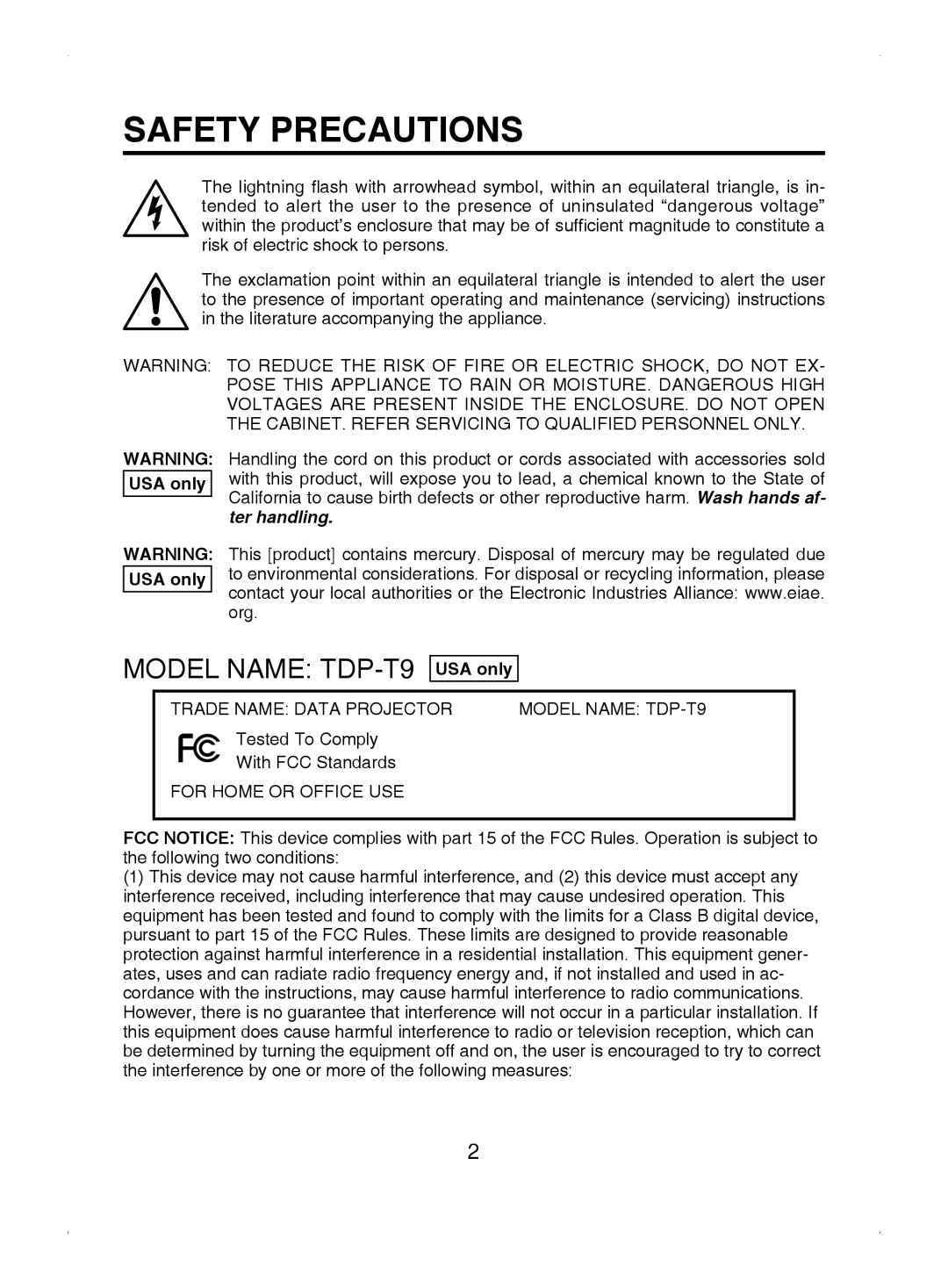 Toshiba TDP-T9 owner manual Safety Precautions, USA only 