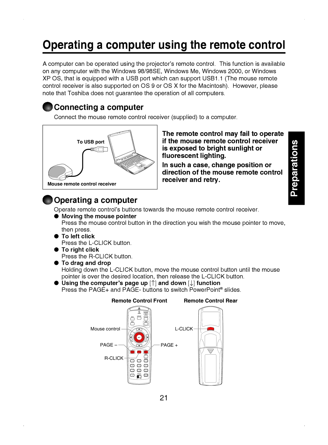 Toshiba TDP-T9 owner manual Connecting a computer, Operating a computer 