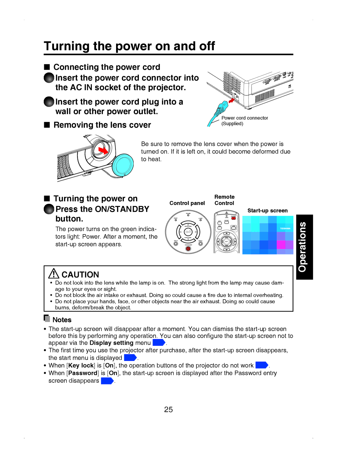 Toshiba TDP-T9 owner manual Turning the power on and off, Turning the power on Press the ON/STANDBY button 