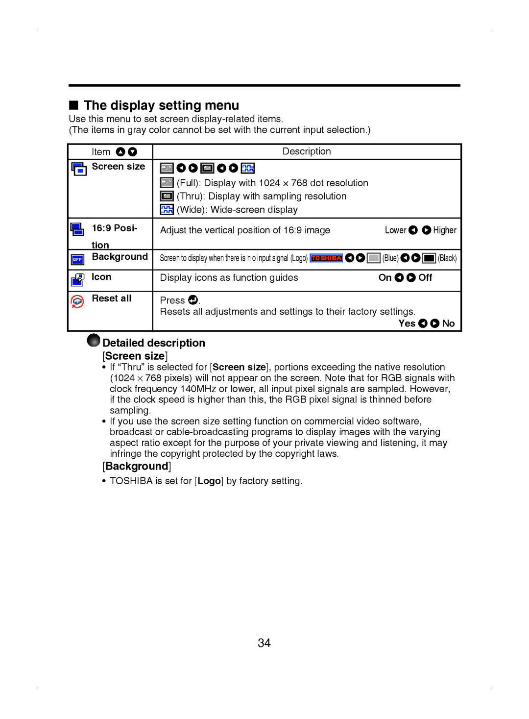 Toshiba TDP-T9 owner manual Display setting menu, Detailed description Screen size, Background 