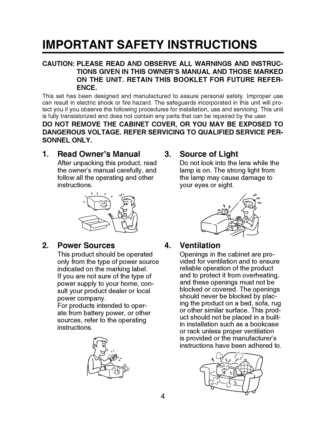 Toshiba TDP-T9 owner manual Important Safety Instructions, Source of Light, Power Sources Ventilation 