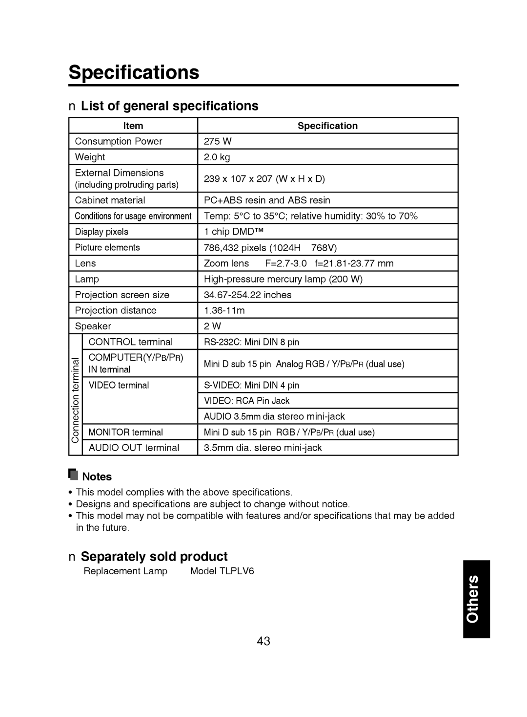 Toshiba TDP-T9 owner manual Speciﬁcations, List of general speciﬁcations, Separately sold product 