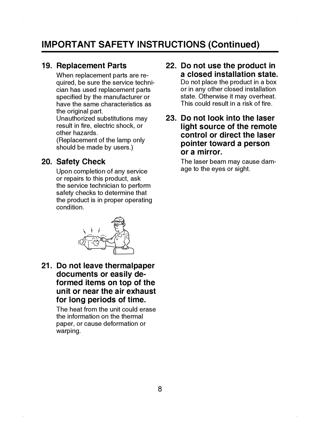 Toshiba TDP-T9 owner manual Important Safety Instructions, Replacement Parts, Safety Check 