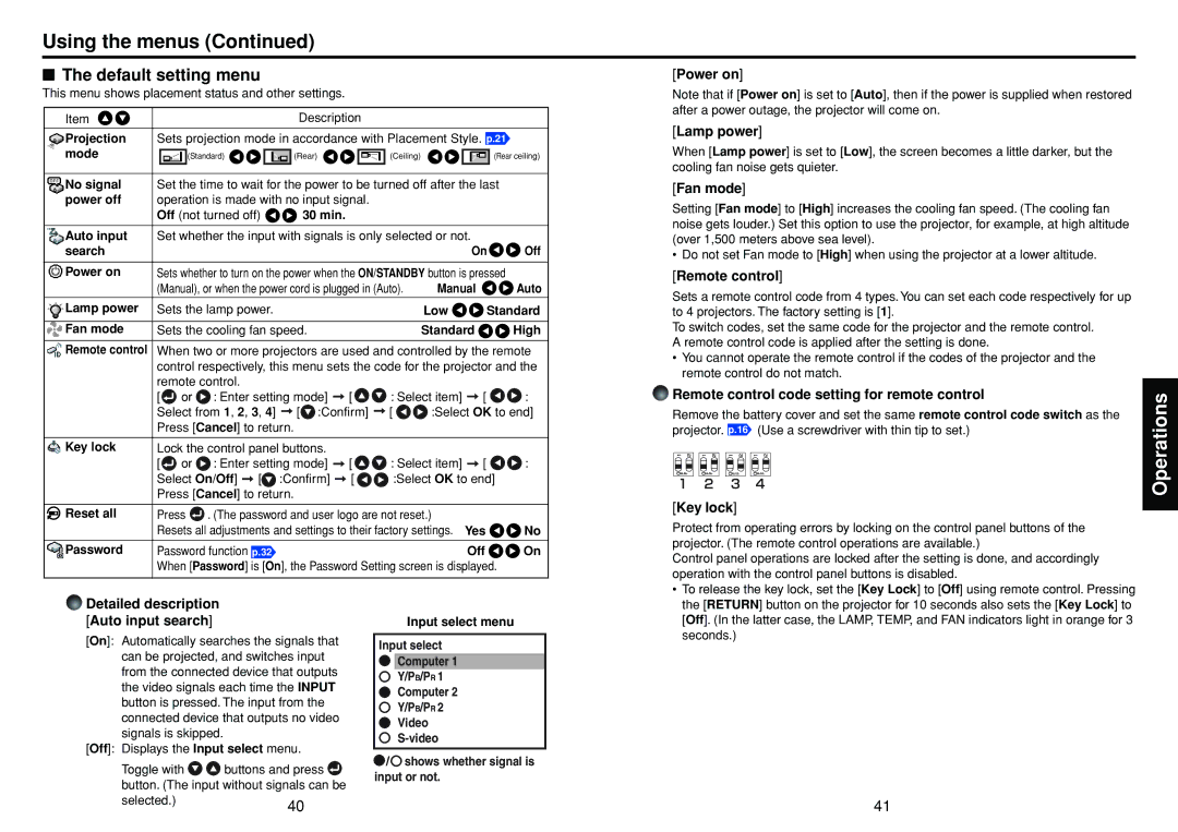 Toshiba TDP-T95 manual Default setting menu 