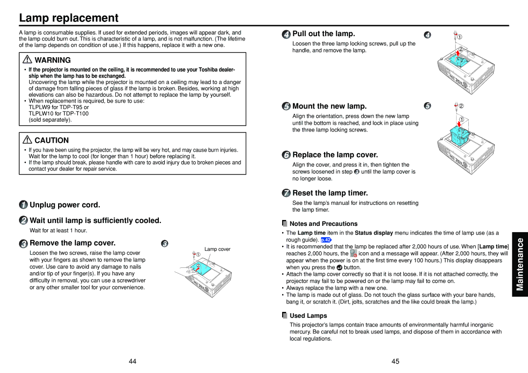 Toshiba TDP-T95 owner manual Lamp replacement 