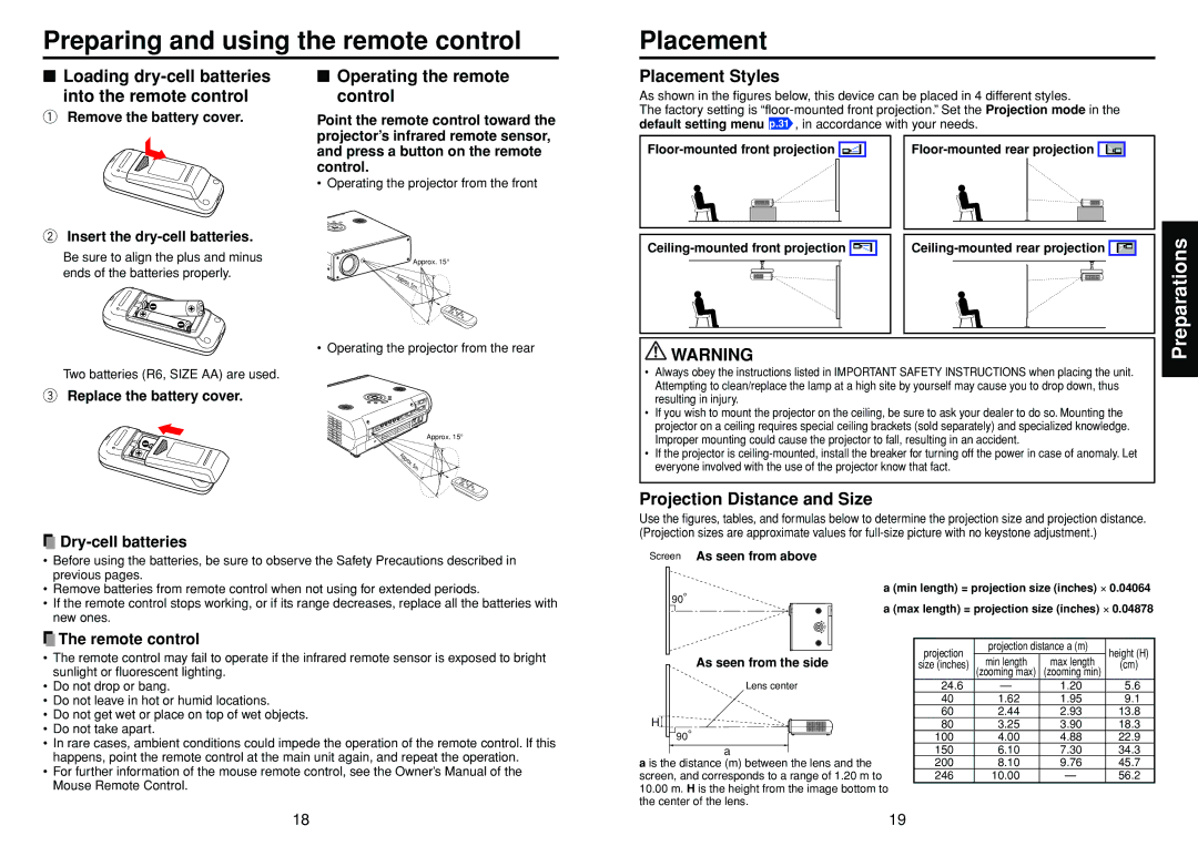 Toshiba TDP-T98 Preparing and using the remote control Placement, Loading dry-cell batteries Into the remote control 