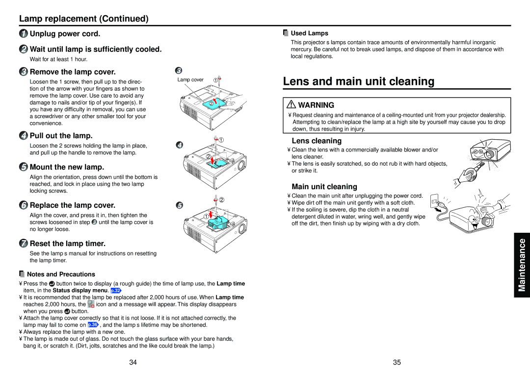 Toshiba TDP-T98 owner manual Lens and main unit cleaning, Lamp replacement 