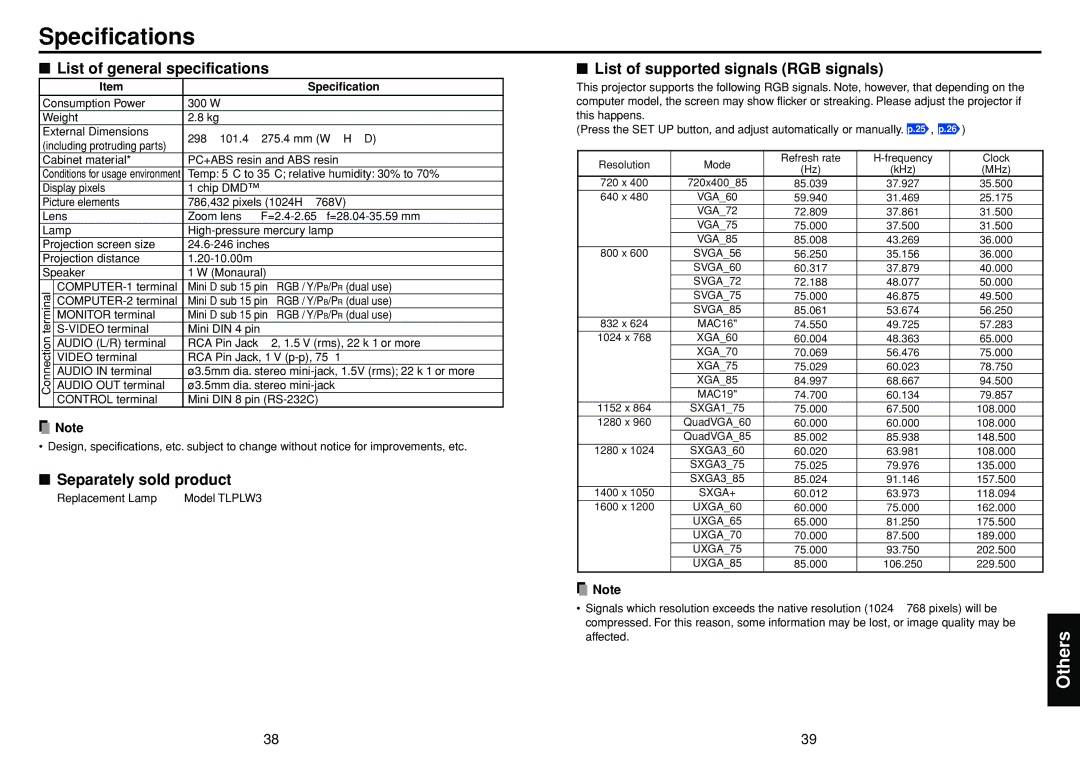 Toshiba TDP-T98 owner manual Specifications, List of general specifications, Separately sold product 