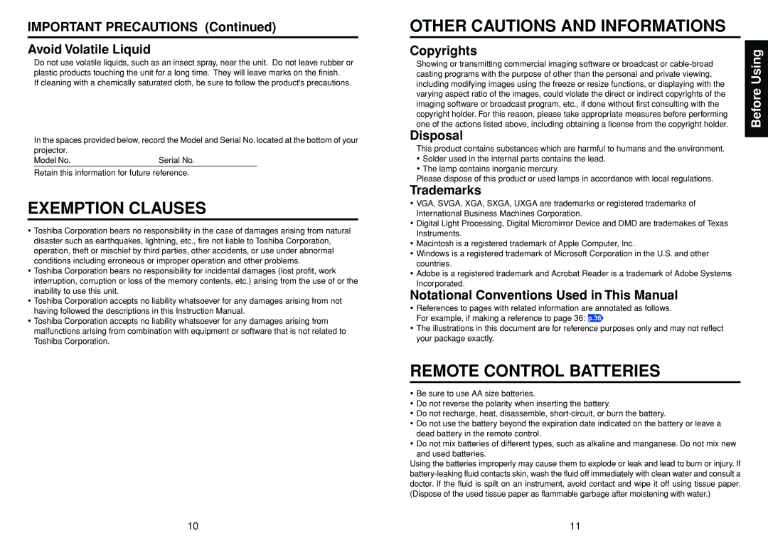 Toshiba TDP-T98 owner manual Exemption Clauses, Other Cautions and Informations, Remote Control Batteries, Before 