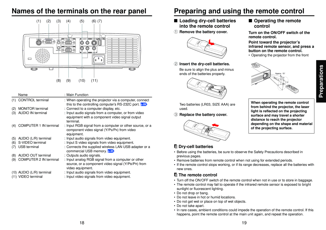 Toshiba TDP-TW100, TDP-TW95 owner manual Loading dry-cell batteries into the remote control, Operating the remote control 