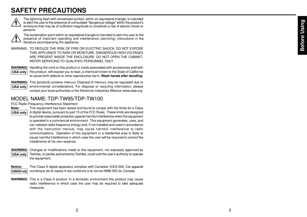 Toshiba TDP-TW100, TDP-TW95 owner manual Safety Precautions 