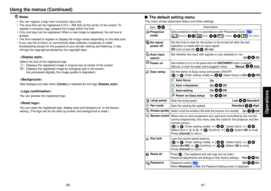 Toshiba TDP-TW95, TDP-TW100 owner manual Default setting menu, Display style, Logo confirmation, Reset logo 