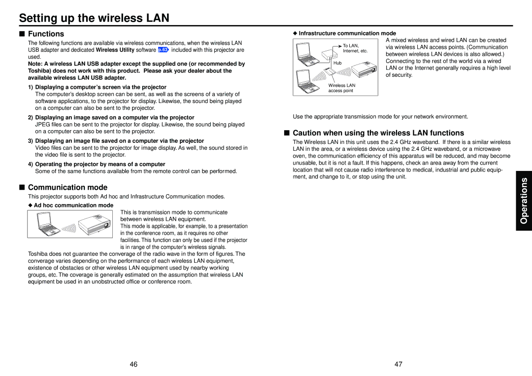 Toshiba TDP-TW100, TDP-TW95 owner manual Setting up the wireless LAN, Functions, Communication mode 