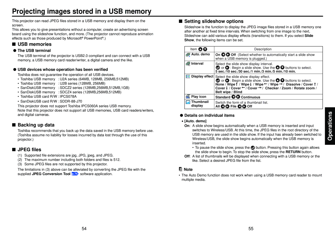 Toshiba TDP-TW100, TDP-TW95 owner manual USB memories, Backing up data, Jpeg files, Setting slideshow options 