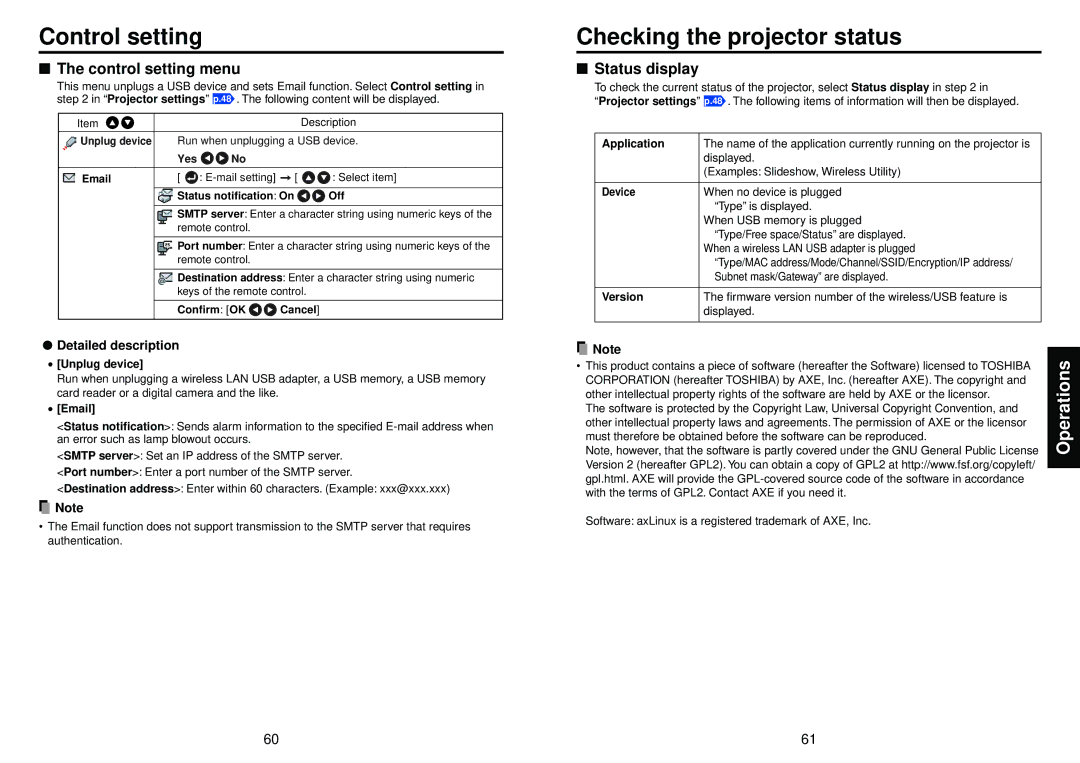 Toshiba TDP-TW95, TDP-TW100 Checking the projector status, Control setting menu, Status display, Detailed description 