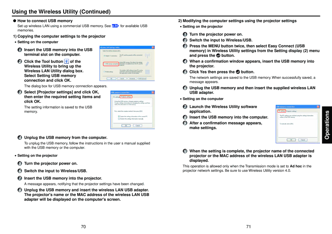 Toshiba TDP-TW100, TDP-TW95 owner manual How to connect USB memory, Copying the computer settings to the projector 