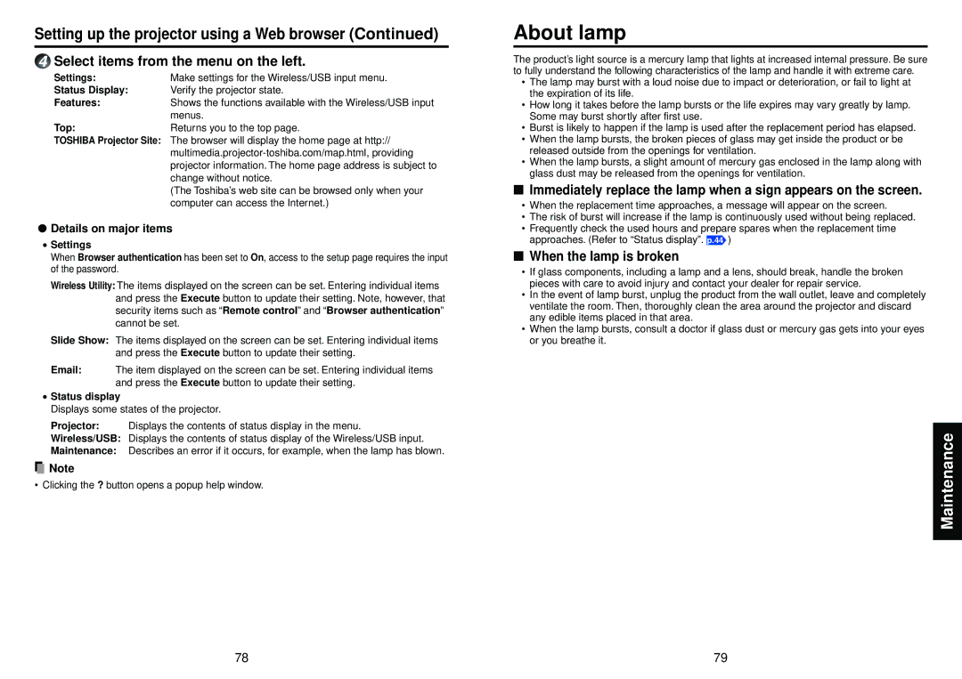 Toshiba TDP-TW100, TDP-TW95 owner manual About lamp, Select items from the menu on the left, Details on major items 