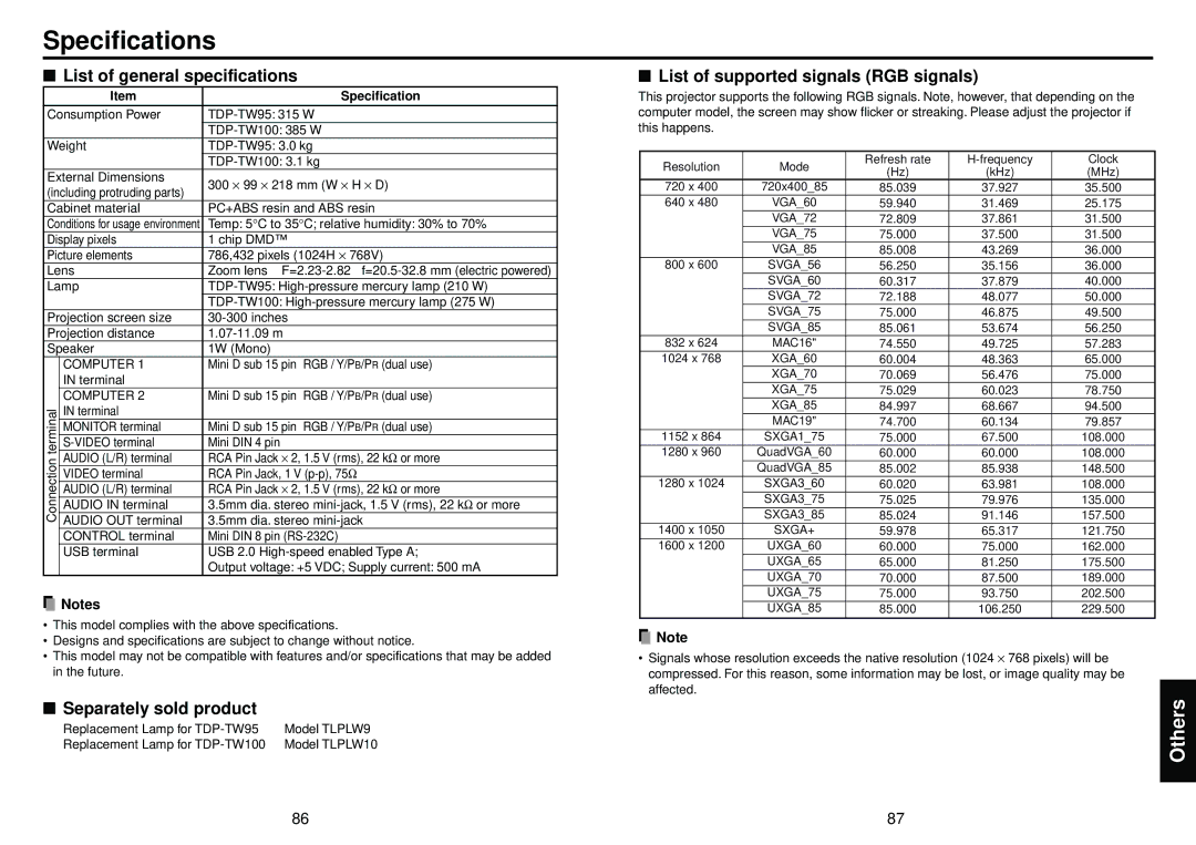 Toshiba TDP-TW100, TDP-TW95 owner manual Specifications, List of general specifications, Separately sold product 