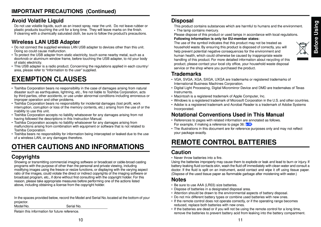 Toshiba TDP-TW100 Important Precautions Avoid Volatile Liquid, Wireless LAN USB Adapter, Copyrights, Disposal, Trademarks 