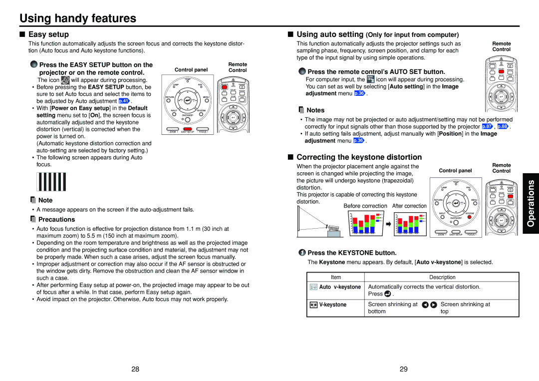 Toshiba TDP-TW95, TDP-TW100 owner manual Using handy features, Easy setup, Correcting the keystone distortion 