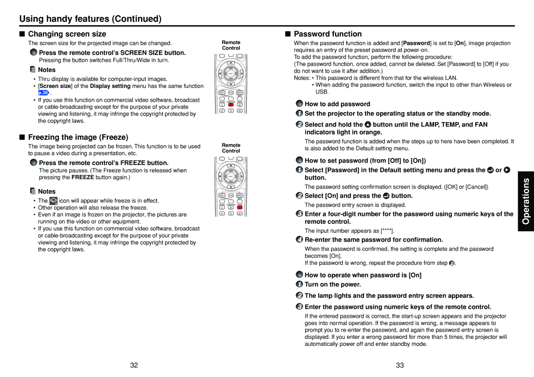 Toshiba TDP-TW95, TDP-TW100 owner manual Changing screen size, Freezing the image Freeze 