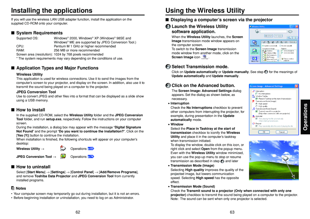 Toshiba TDP-TW100, TDP-TW95 owner manual Installing the applications, Using the Wireless Utility 