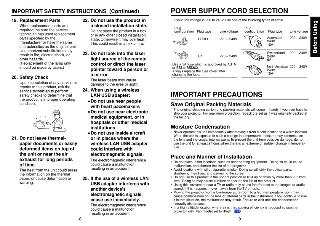 Toshiba TDP-TW95, TDP-TW100 Save Original Packing Materials, Moisture Condensation, Place and Manner of Installation 