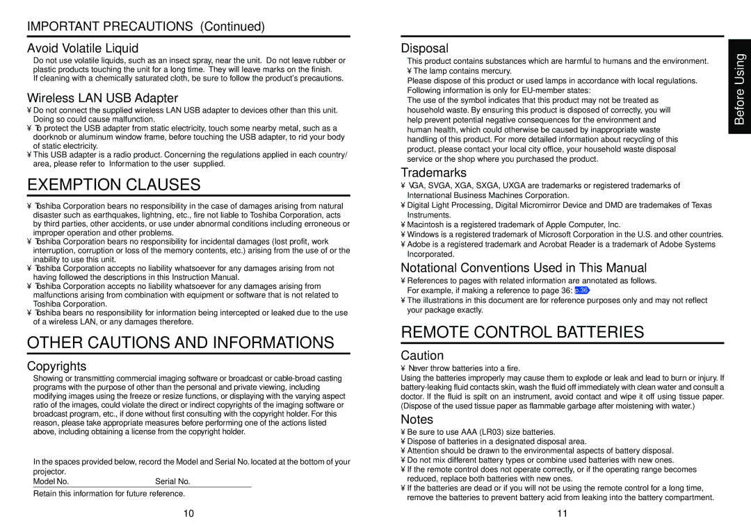 Toshiba TDP-TW100 Important Precautions Avoid Volatile Liquid, Wireless LAN USB Adapter, Copyrights, Disposal, Trademarks 