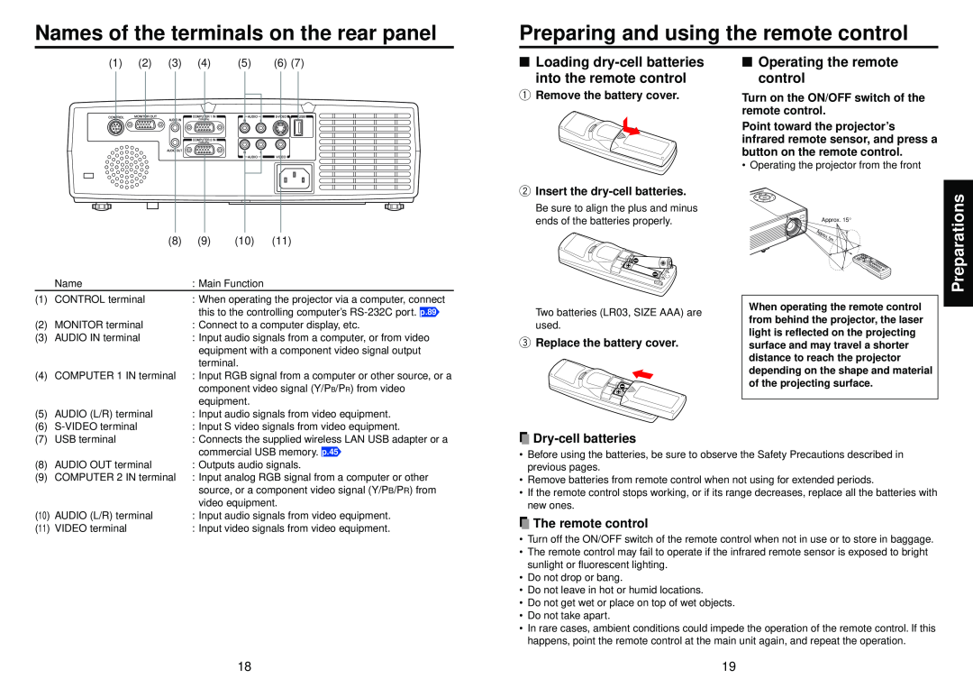 Toshiba TDP-TW100 Names of the terminals on the rear panel, Preparing and using the remote control, Dry-cell batteries 