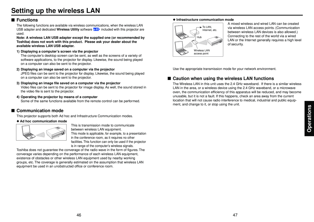 Toshiba TDP-TW100, TDP-TW95 Setting up the wireless LAN, Functions, Caution when using the wireless LAN functions 