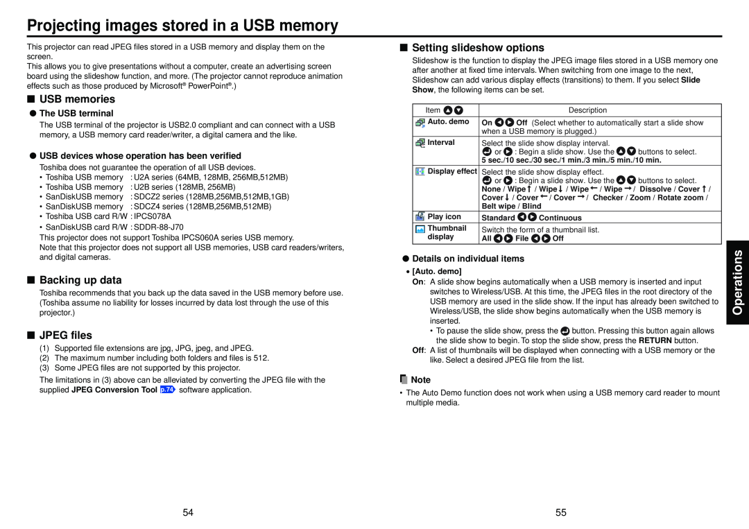 Toshiba TDP-TW100 Projecting images stored in a USB memory, USB memories, Backing up data, JPEG files, The USB terminal 