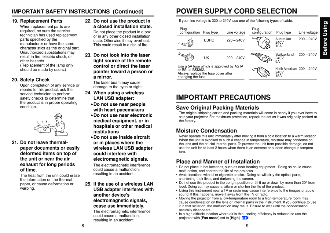 Toshiba TDP-TW95 Power Supply Cord Selection, Important Precautions, Save Original Packing Materials, Using, Safety Check 