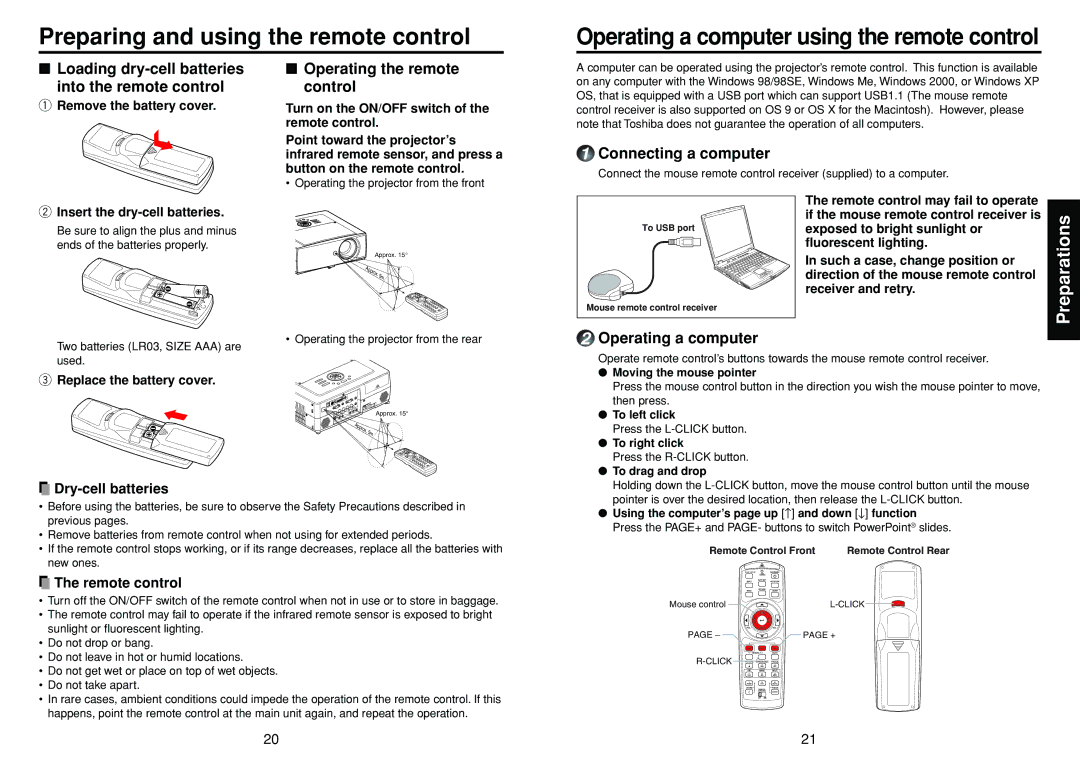 Toshiba TDP-TW300 owner manual Preparing and using the remote control, Loading dry-cell batteries Into the remote control 