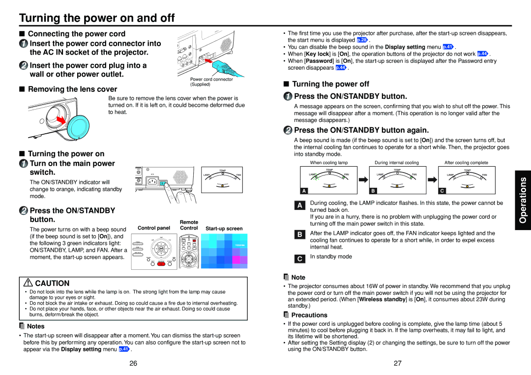 Toshiba TDP-TW300 owner manual Turning the power on and off 