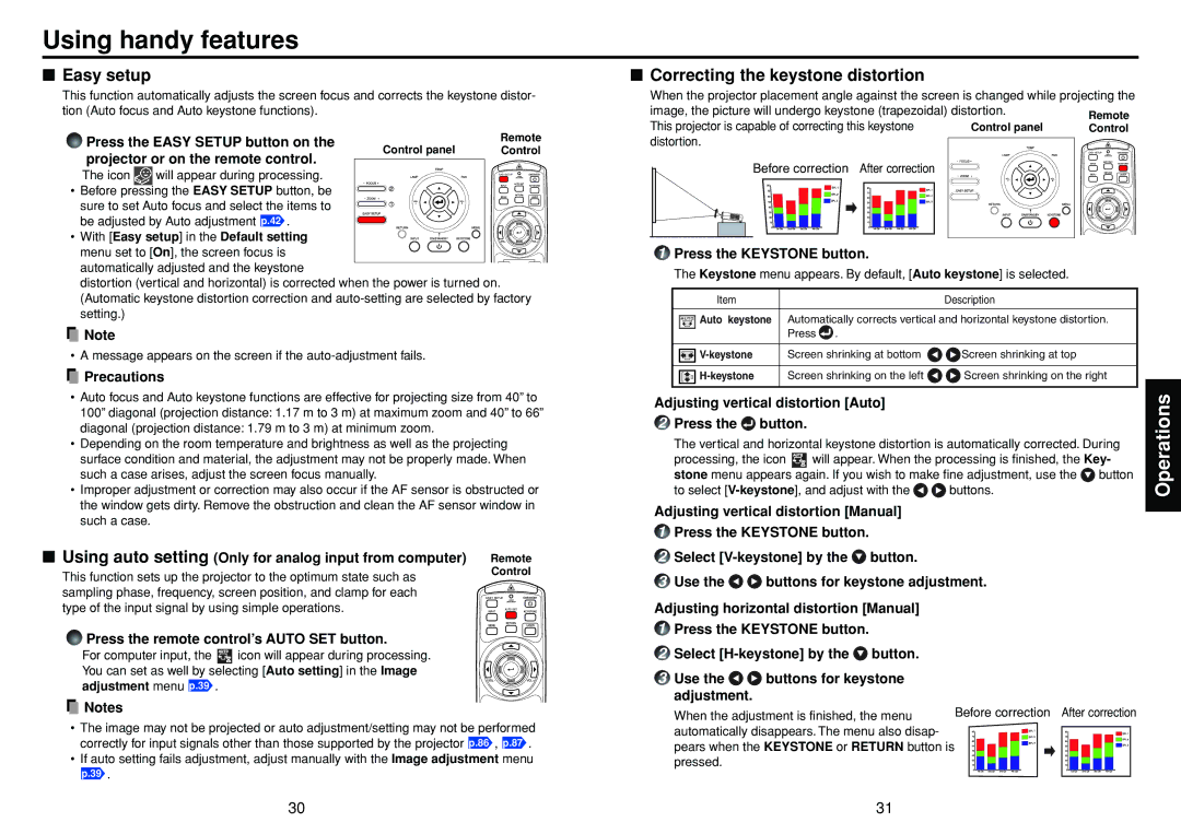 Toshiba TDP-TW300 owner manual Using handy features, Easy setup, Correcting the keystone distortion 