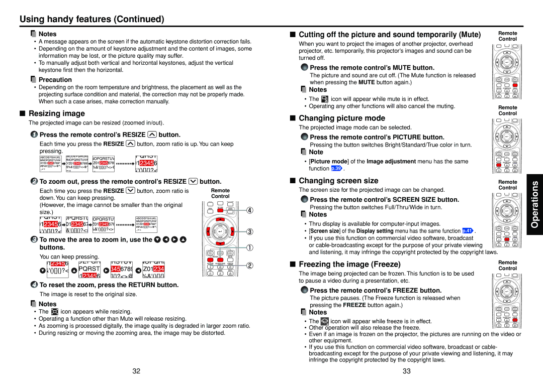 Toshiba TDP-TW300 owner manual Using handy features, Resizing image, Changing picture mode, Changing screen size 