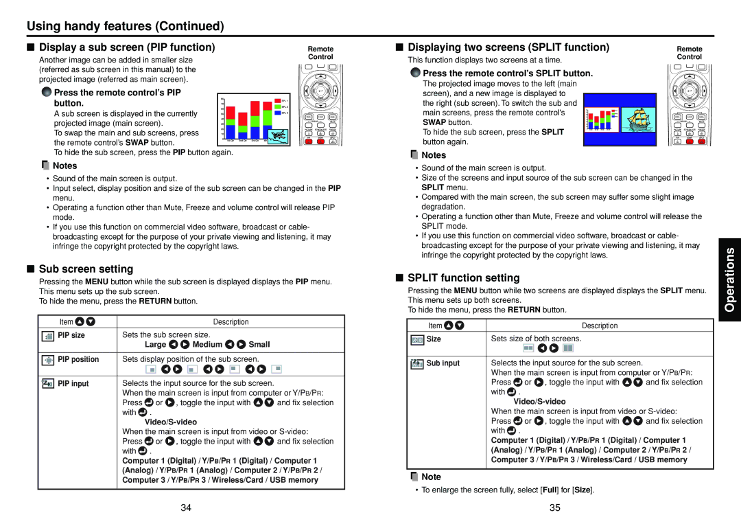 Toshiba TDP-TW300 owner manual Display a sub screen PIP function, Displaying two screens Split function, Sub screen setting 