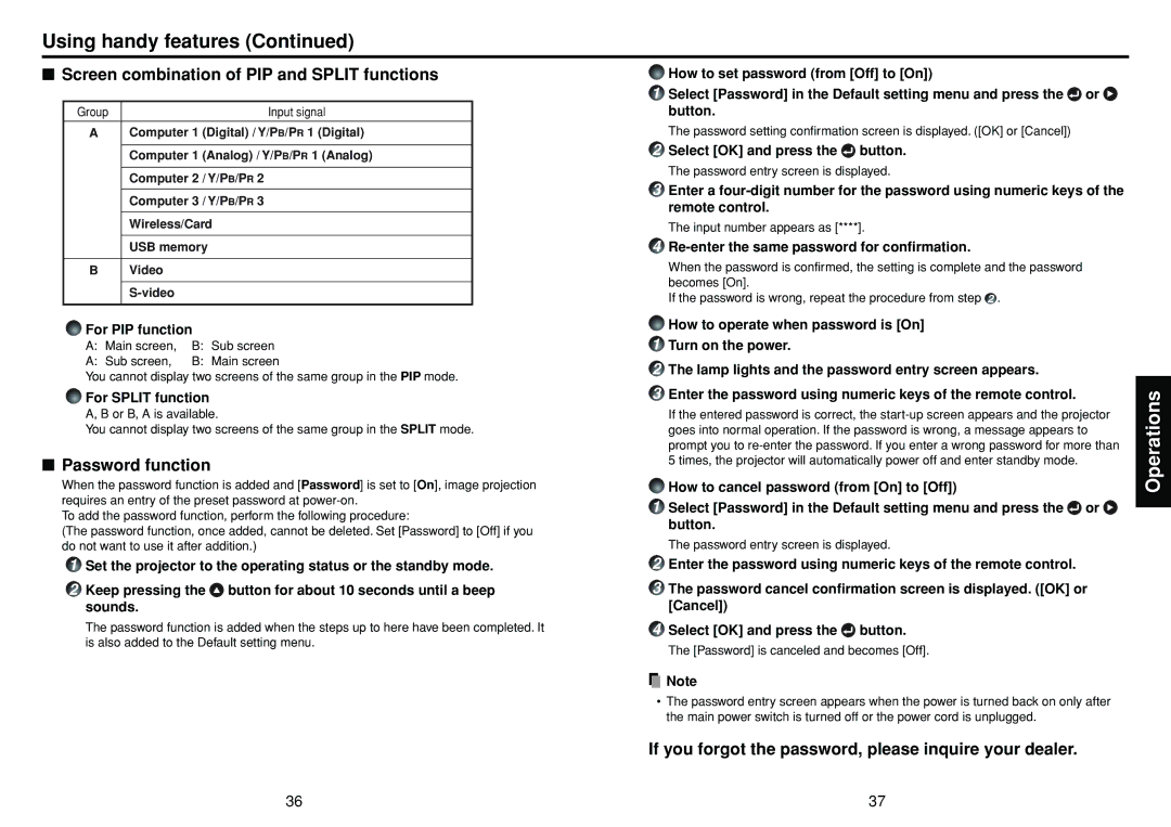 Toshiba TDP-TW300 owner manual Screen combination of PIP and Split functions, Password function 