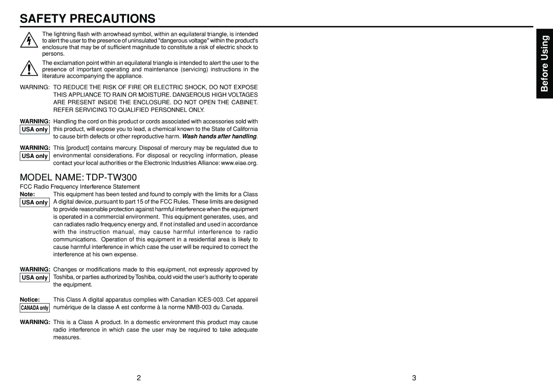 Toshiba TDP-TW300 owner manual Safety Precautions 