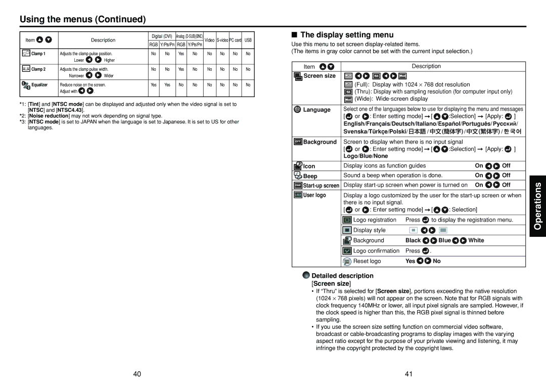 Toshiba TDP-TW300 owner manual Using the menus, Display setting menu, Detailed description Screen size 