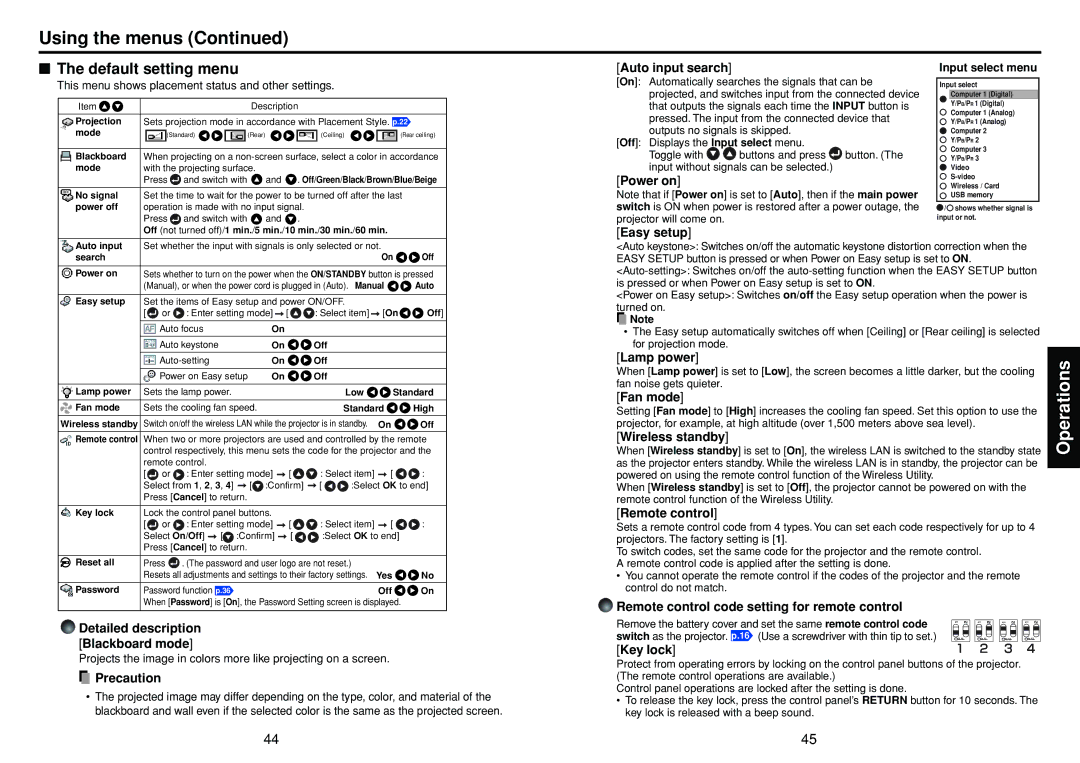 Toshiba TDP-TW300 owner manual Default setting menu 