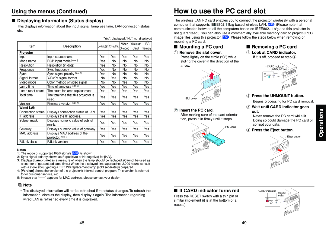 Toshiba TDP-TW300 owner manual How to use the PC card slot, Displaying Information Status display, Mounting a PC card 