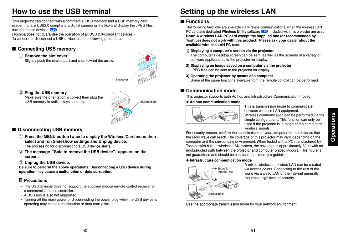 Toshiba TDP-TW300 owner manual How to use the USB terminal, Setting up the wireless LAN 