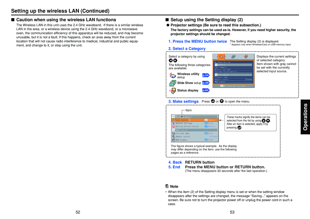 Toshiba TDP-TW300 owner manual Setting up the wireless LAN, Setup using the Setting display 